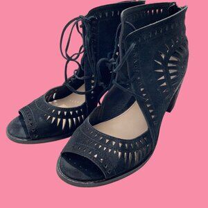 Vince Camuto SIZE 10 Tarita Black Genuine Suede Cutout Block Heel Shoes Sandals